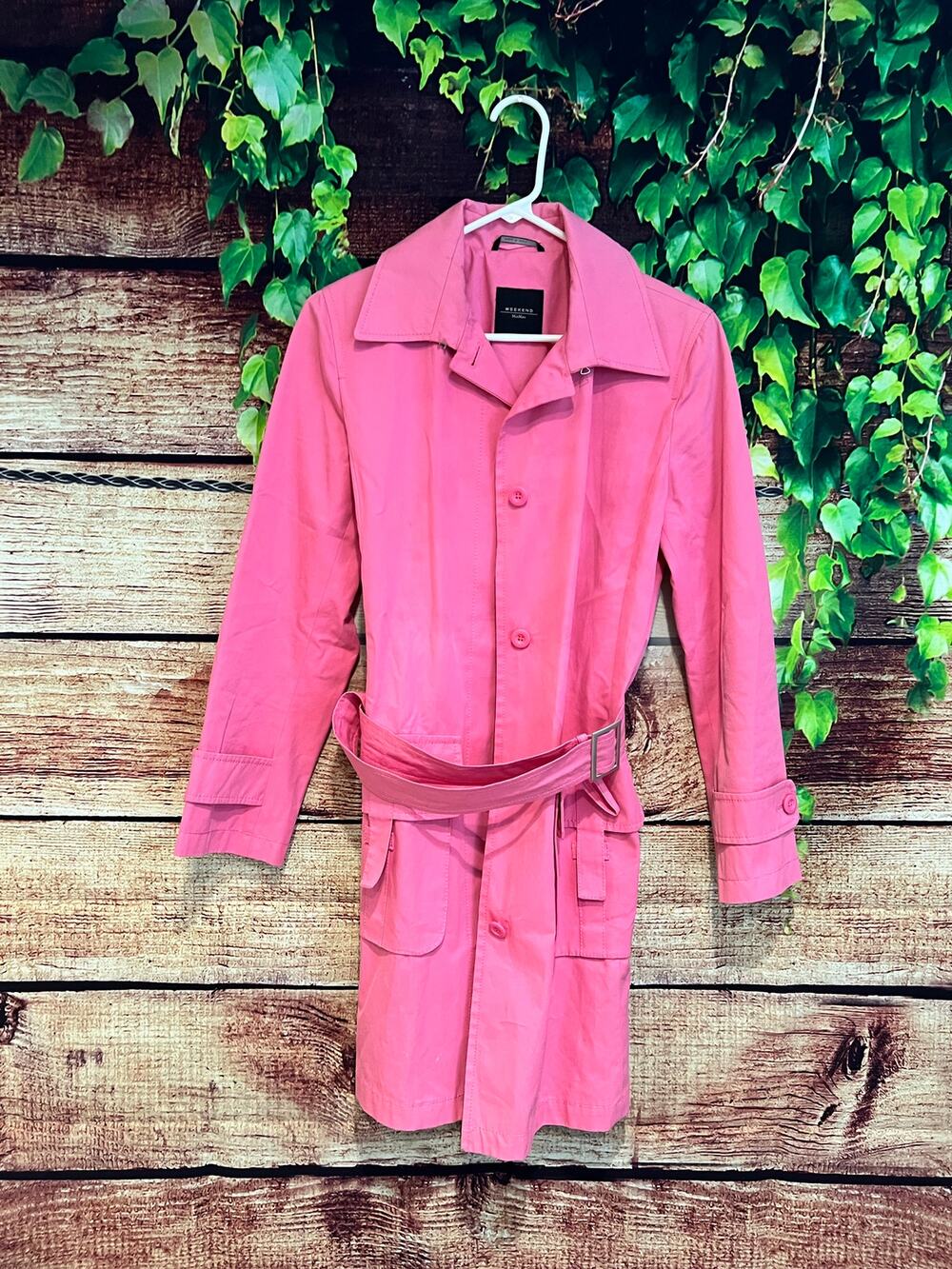 Max Mara Weekend Barbie Bubblegum Pink Belted Button Up Trench Coat Lined Size 8
